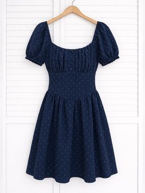 Navy Blue Puff Sleeve Dress Square Neck Button Front Fit & Flare Mini Size 5